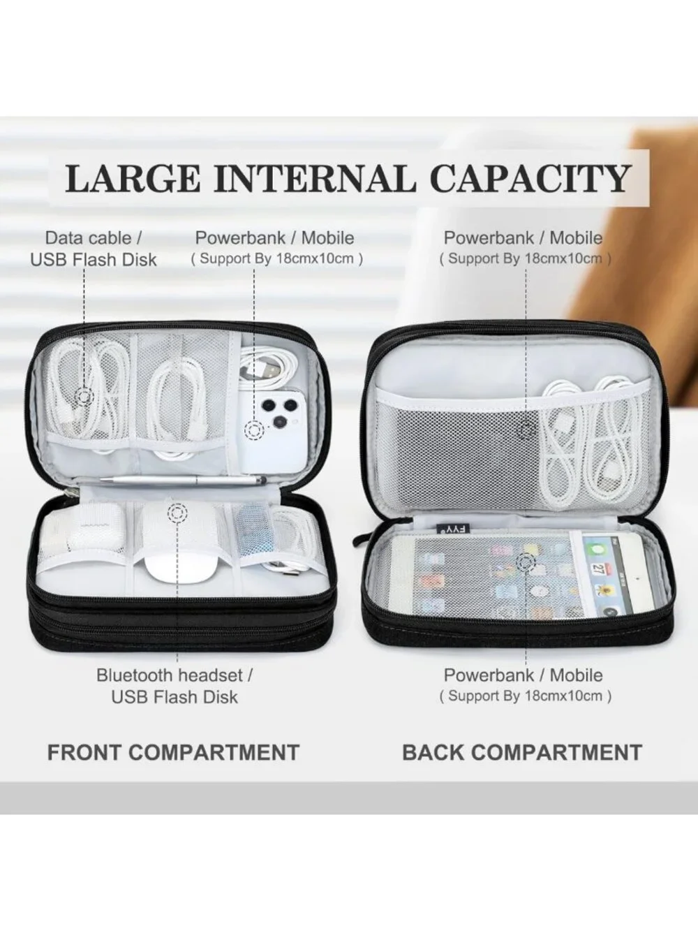 Large Waterproof Travel Cable Organizer Bag - Portable Double Layer Pouch for